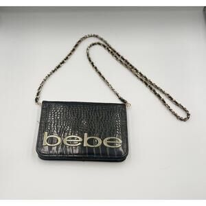 Bebe Black Croc Embossed Logo Chain Strap Crossbody Bag for Women